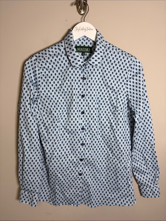 Souleiado Tops - Souleiado Mouche fly print blouse Blue Long Sleeve Top Womens Sz 42 US 14